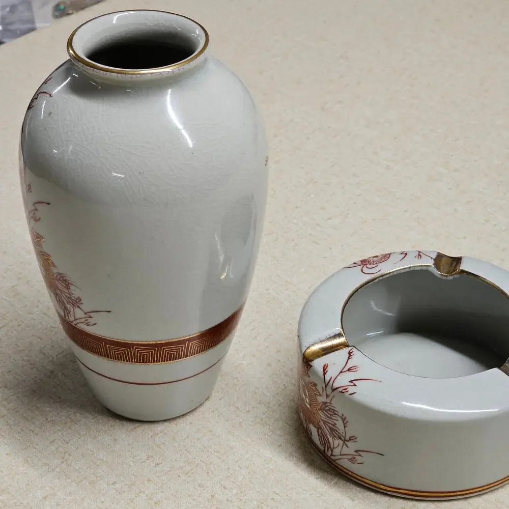 VTG Chinese Phoenix Vase Ashtray Set Gold Gilt Glaze Fenghuang Chinoiserie